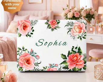 Gepersonaliseerde MacBook-hoes met bloemen | Aangepaste naam laptophoes | Rose Design MacBook Air/Pro/Neo harde schaal