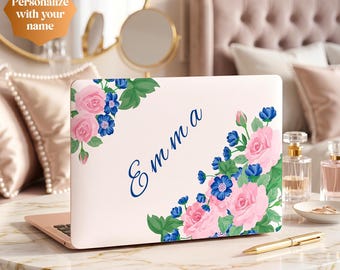 Gepersonaliseerde MacBook-hoes met bloemen | Aangepaste naam laptophoes | Rose Design MacBook Air/Pro/Neo harde schaal
