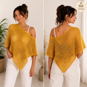 CROCHET PATTERN / Easy Crochet Mesh Top Pattern, Adjustable One Shoulder Poncho Top PDF