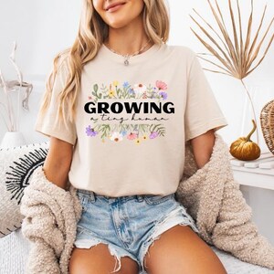 Growing A Tiny Human Shirt, Pregnancy Announcement Shirt, Spring Flower Baby Reveal Maternity Shirt, Funny Mother Shirt, Mother&#39;s Day Shirt