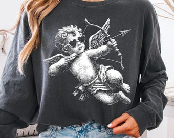 Comfort Colors® Retro Cupid Long Sleeve T-Shirt, Vintage Halftone Valentines Gift Shirt