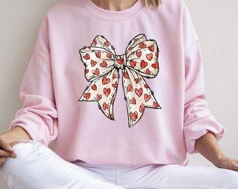 Coquette Heart Bow Valentine Sweatshirt, Vintage Bow Graphic Crewneck, Valentines Day Gift Shirt