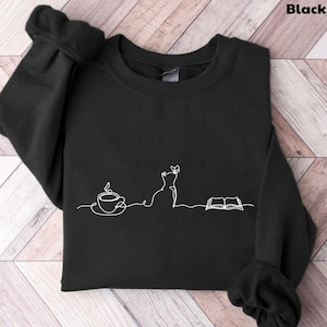 Kaffekatt Boktröja, Minimalistisk Line Art Crew Neck, Mysig Bokälskare Gåva, Katter och Kaffe, Unisex Casual Wear