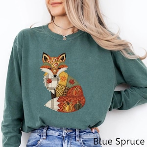 Comfort Colors® Patchwork Fox långärmad t-shirt: Höstskjorta med fuskbroderi och Thanksgiving-motiv