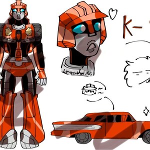 May include: Digital illustration of a robot character in orange and black, with a matching car. The character has a helmet and a detailed design. The word "K-9" is written in brown. The image is a sketch-like drawing.