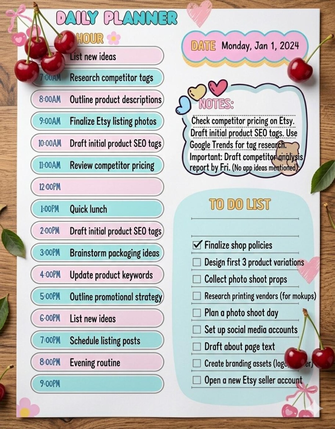 Cherry Daily Planner Printable Cute Pastel Aesthetic Daily Schedule ...