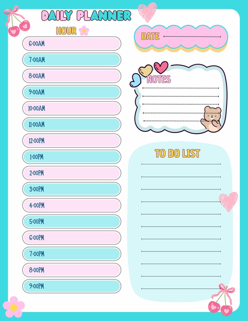 Cherry Daily Planner Printable Cute Pastel Aesthetic Daily Schedule ...