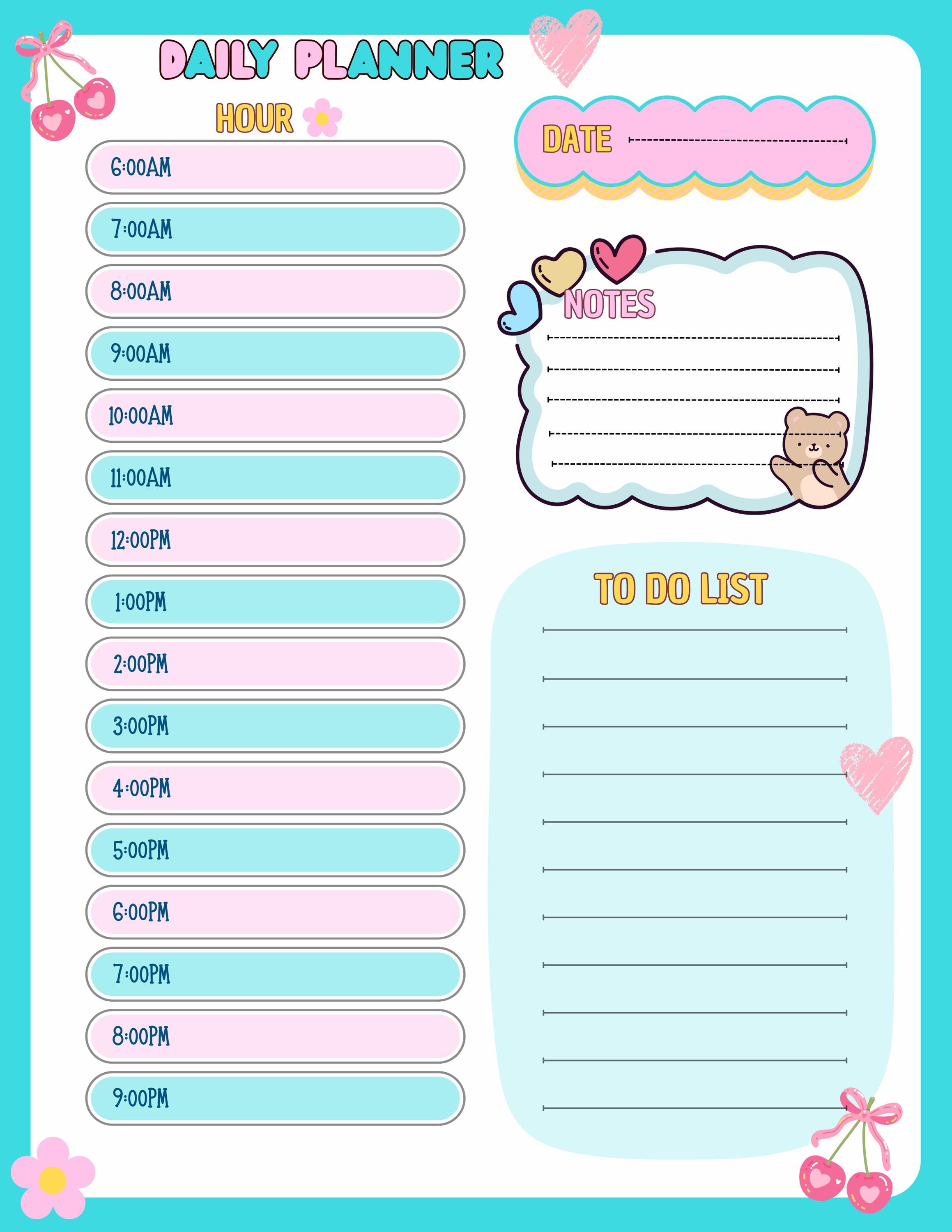 Cherry Daily Planner Printable Cute Pastel Aesthetic Daily Schedule ...