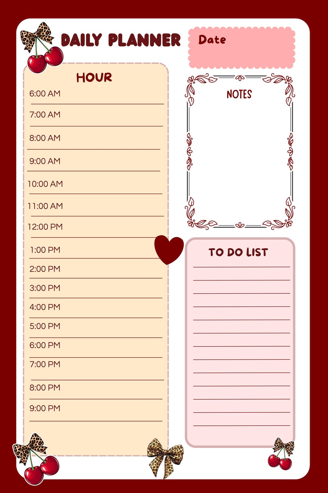 Daily Planner Printable | Aesthetic Cherry Design | Reusable Minimal ...