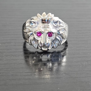 925 Sterling Silver, Realistic Lion Head Ring with Ruby Eyes and CZ Accents | Men's Luxury Statement Jewelry | Animal Design Sterling Silver