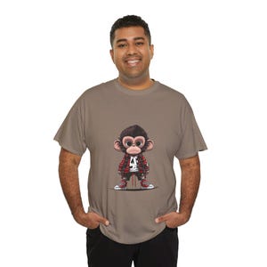 Leuke cartoon aap T-shirt, zwaar katoen uniseks T-shirt, grappig cadeau voor dierenliefhebbers, vrijetijdskleding, kinderen en volwassenen, verjaardagscadeau, zomerse sfeer