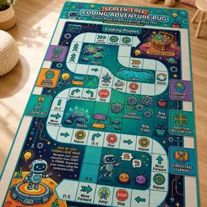 Puede incluir: Una alfombra de juego rectangular de color verde azulado titulada Screen-Free Coding Adventure Rug. La superficie presenta un camino de juego impreso con ilustraciones de robots, flechas direccionales, señales de stop y términos de codificación.