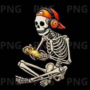 May include: Illustration of a skeleton wearing an orange cap and headphones, engrossed in playing a video game. The skeleton is holding a yellow game controller, with a black background.
