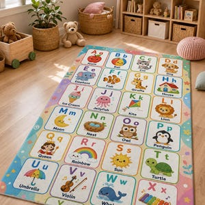May include: A rectangular educational area rug featuring a grid of twenty-four squares, each displaying a letter of the alphabet from A to X, accompanied by a corresponding colorful illustration and the name of the object in black text.