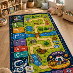 Puede incluir: Una alfombra educativa rectangular con un diseño de juego de mesa colorido titulado Screen-Free Coding Adventure. La alfombra muestra un camino sinuoso a través de un paisaje con un robot, iconos de comandos, puntos de control y una nave espacial.