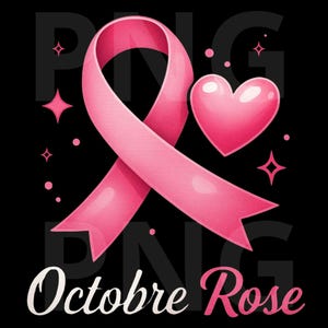 Puede incluir: Gráfico de lazo y corazón rosa sobre fondo negro. La cinta es un símbolo de concienciación sobre el cáncer de mama. Las palabras "Octobre Rose" están escritas en escritura blanca y rosa en la parte inferior de la imagen. Estrellas y puntos rosas están dispersos alrededor de la cinta y el corazón.
