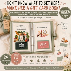 May include: A sage green ring-bound photo album containing printed cards with illustrations and gift cards. The text reads: DON'T KNOW WHAT TO GET HER? MAKE HER A GIFT CARD BOOK! Includes 24 categories, 5x7 and 4x6 sizes, and various gift card slots.