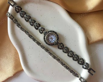 Vintage marcasiet zilveren horloge, vintage marcasiet horloge armband cadeauset, verjaardagscadeau voor haar, hartvormig horloge, antiek zilveren horloge
