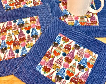 Gnome Coasters, Set of 4 Quilted Coasters, Fabric Mug Rug, Fabric Coasters, Snack Mats, Gnomes, Gnome Decor, Gnome Fabric, Large Coasters