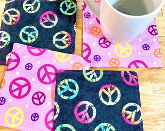 4 Quilted Coasters, Reversible Coasters, Fabric Coasters, Mug Rugs, Snack Mats, Peace Sign, Hippie Decor, 1960s, Rainbow Decor, Groovy Decor