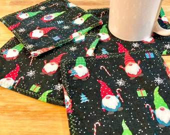 Set of 4 Christmas Coasters, Gnome Coasters, Mug Rugs, Snack Mats, Gnome Decor, Reversible Coasters, Gnome Christmas Decor, Quilted Coasters