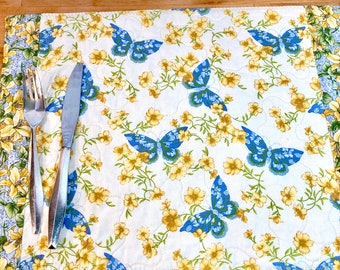 4 Quilted Placemats, Butterfly Placemats, Butterflies, Fabric Placemats, Yellow Placemats, Reversible Placemats, Paisley Placemats, Moda