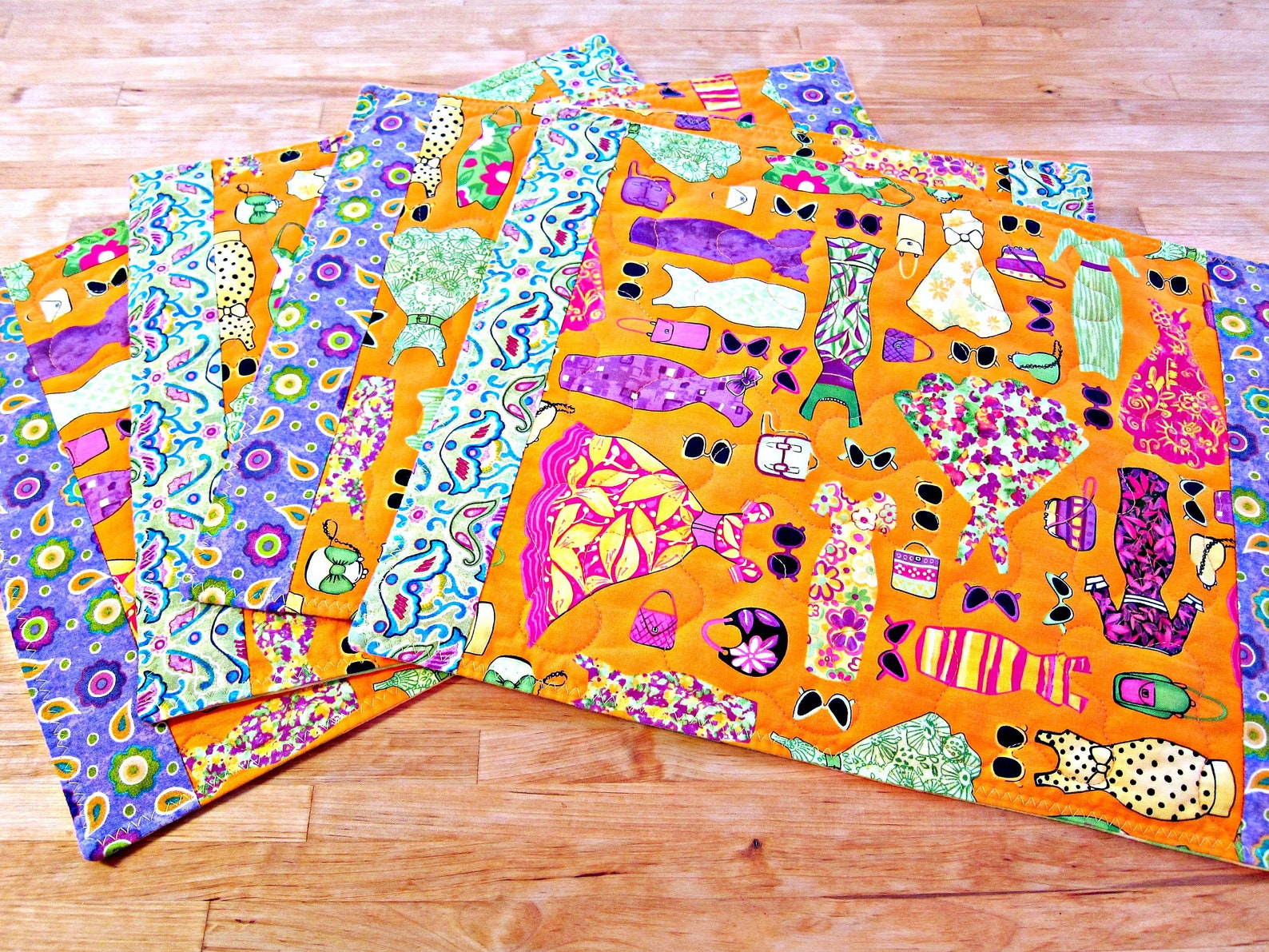 4 Quilted Placemats, Fabric Placemats, Fashionista Gift, Dresses, Paper