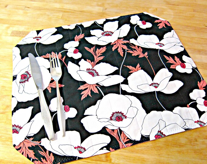 4 Quilted Placemats Floral Placemats Black and White Etsy