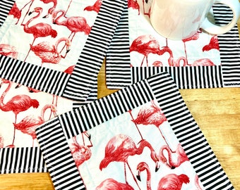 Set of 4 Flamingo Coasters, Large Fabric Coasters, Retro Snack Mat, Quilted Coaster, Quilted Mug Rugs, Flamingo Decor, Tropical Decor, Birds