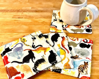 Set of 4 Coasters, Cat Decor, Cat Mug Rug, Cat Coasters, Snack Mats, Cat Lover Gift, Cat Fabric, Cat Table Decor, Quilted Coasters