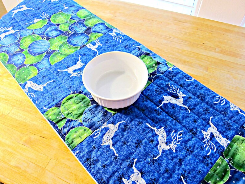 Christmas Table Runner Quilted Table Runner Blue and Green Etsy