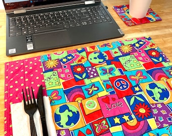 Quilted Placemat, Peace Sign, Snack Mat, Work from Home, Single Placemat, TV Tray Placemat, Home Office Decor, Hippie Decor, 1960s, Retro