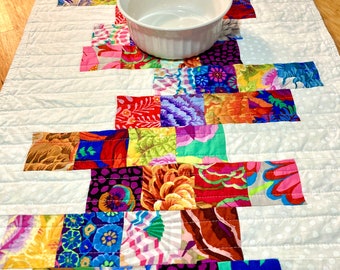 Modern Table Runner, Quilted Table Runner, Reversible Table Runner, Quilted Table Topper, Kaffe Fassett fabric, Patchwork Table Runner