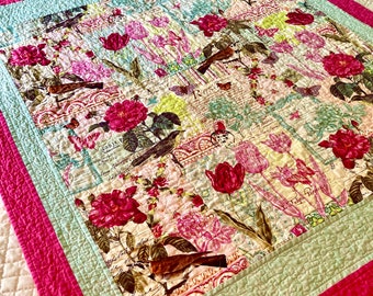Romantic Lap Quilt, Spring Quilt, Pink Quilt, Sofa Quilt, Throw Quilt, Roses, Tulips, Birds, Flowers, Butterflies, Vintage Style, Boho Quilt