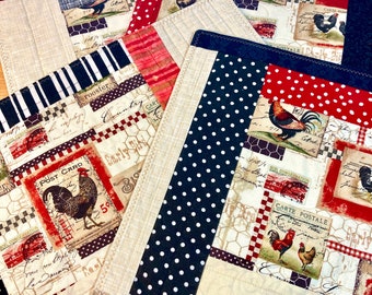 4 Quilted Placemats, Farmhouse Decor, Vintage French Decor, Roosters, Rustic Decor, Patchwork Placemats, Country Style, Bistro Decor