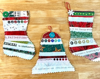 Set of 3 Christmas Ornaments, Selvage, Upcycled Ornaments, Fabric Ornaments, Eco Friendly Christmas Decor, Christmas Stocking, Bell Ornament