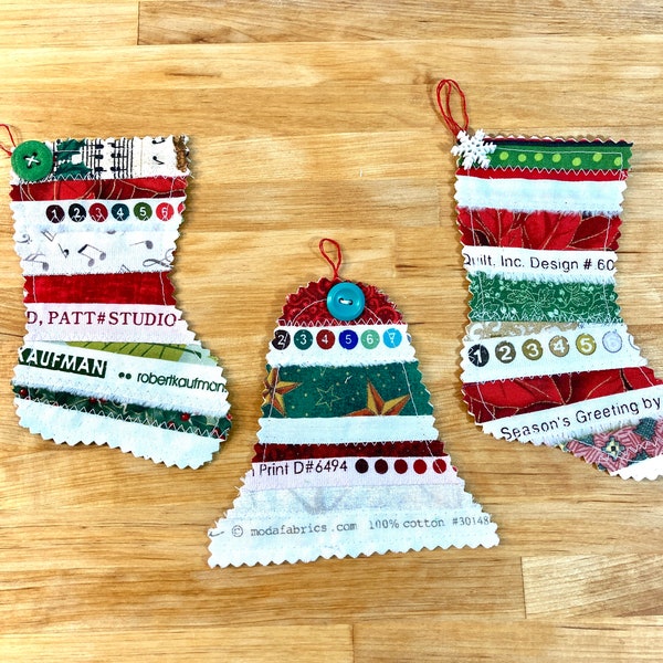 Set of 3 Christmas Ornaments, Selvage, Upcycled Ornaments, Fabric Ornaments, Eco Friendly Christmas Decor, Christmas Stocking, Bell Ornament