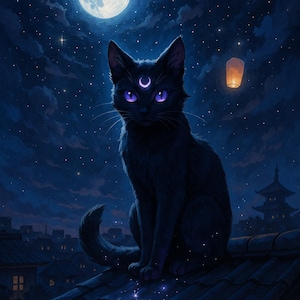Moonlit Spirit Cat – Mystical Black Cat Wall Art, Fantasy Rooftop Poster, Anime-Inspired Printable