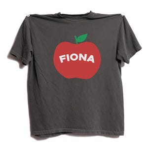May include: Dark gray t-shirt featuring a large red apple graphic with a green leaf. The word "FIONA" is printed in white across the apple. The shirt is hanging against a white background.