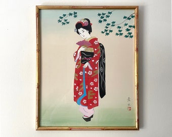 Gorgeous Mid-Century Geisha Painting on Silk, Framed, Signed