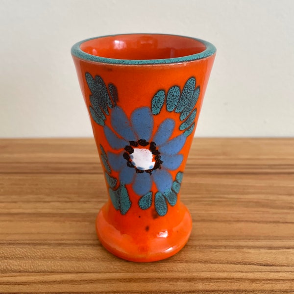 Mid-Century Bitossi Glazed Terra Cotta Cup Vase, Made in Italy, Rosenthal Netter, Orange and Blue Flowers, Espresso