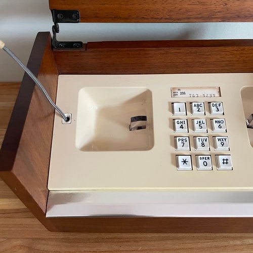 Vintage Stowaway Executive Phone, 1970s Push Button Landline Telephone, Walnut shops Box
