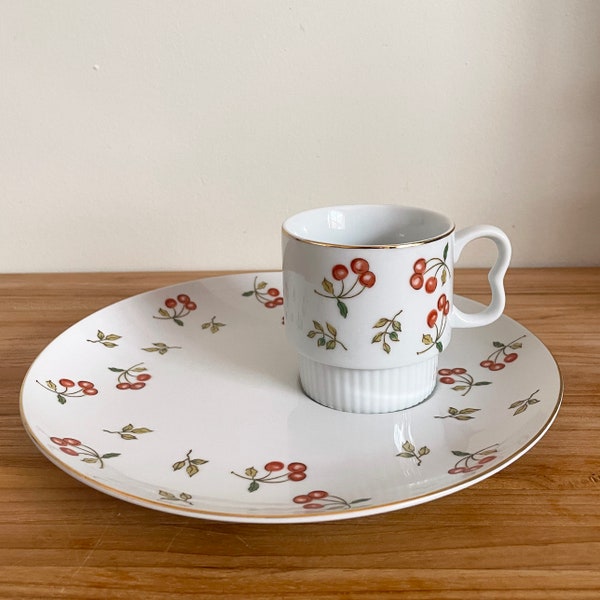 Red Cherry Vintage Porcelain Snack Set, Mid-Century Cherries Print Breakfast Plate and Cup, Japan