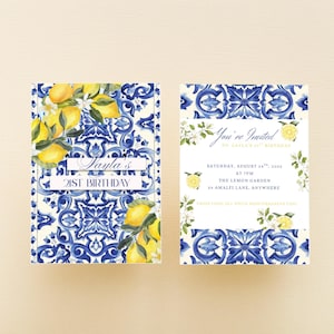 Editable Lemon Wedding Invitation • Amalfi Coast Invite • Blue Tile Summer Wedding Template • Instant Canva Download