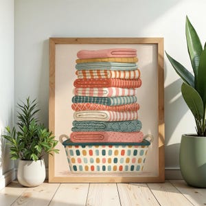 Kunstdruck für die Waschküche | Illustration eines gefalteten Wäschekorbs, Dekoration im Mid-Century-Stil