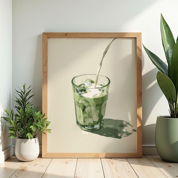 Eiskaffee-Matcha-Latte-Kunstdruck | Cremiges Einschenken – Café-Küchenkunst (gerahmt/ungerahmt)