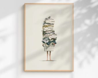 Whimsical Laundry Art Print | Bird on Washing Pile Wall Art | Quirky Utility Room Poster | Storybook Cottagecore Decor