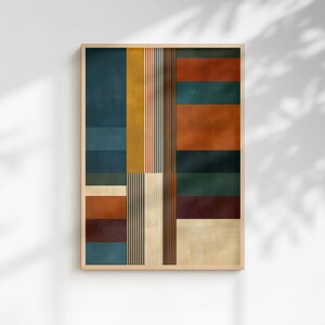 Peut inclure: Une impression d'art murale rectangulaire dans un cadre en bois clair présentant une composition géométrique de blocs verticaux et horizontaux. Le design inclut des panneaux unis bleu marine, jaune moutarde, orange brûlé et crème, avec des rayures.