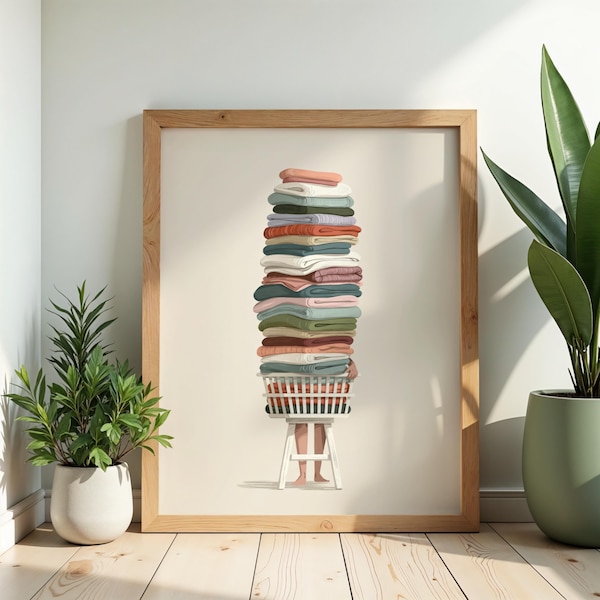 Speelse kunstprint voor de wasruimte | Zachte regenboogtinten van beddengoed, handdoeken en een wasmand (ingelijst of als poster)