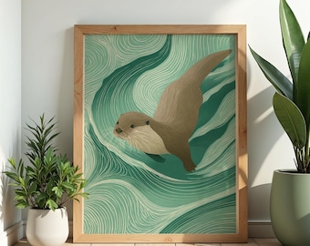 Lámina artística de nutria de río / Remolinos estilo linograbado, olas verde azulado, póster en lienzo enmarcado